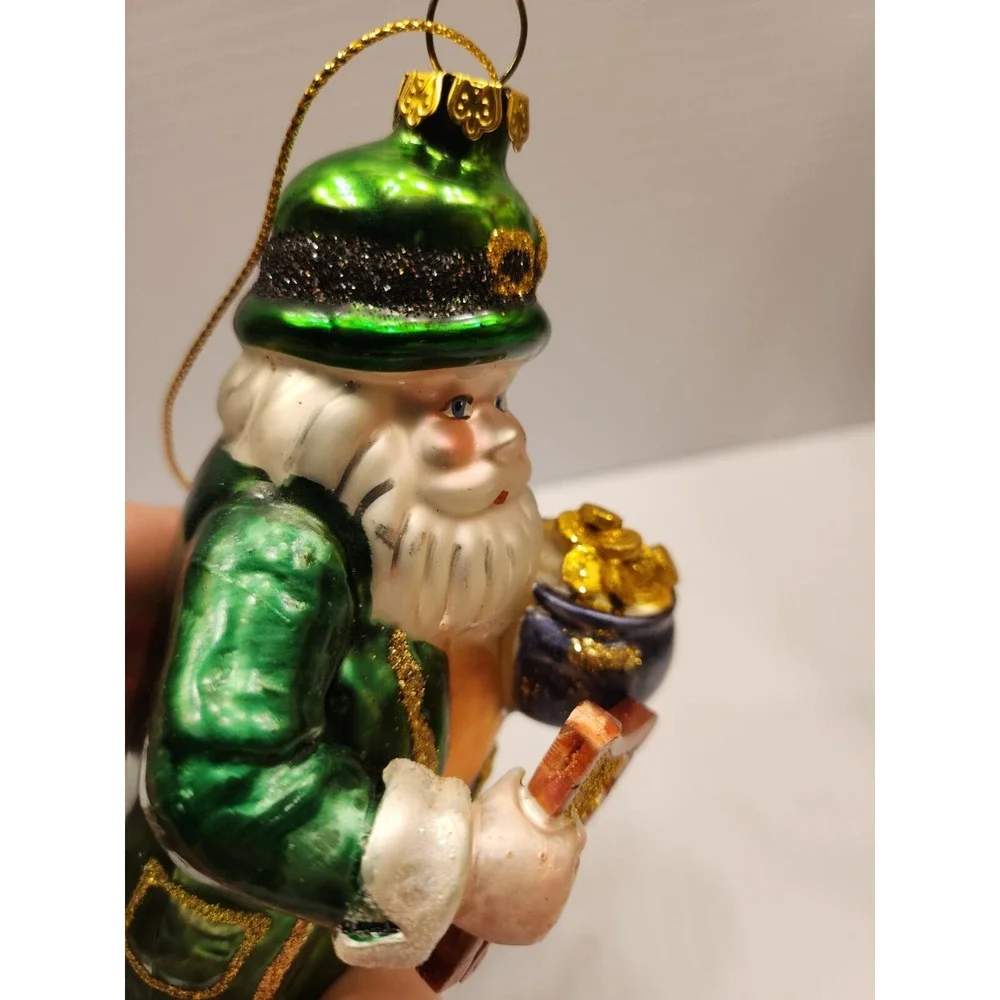 Blown Glass Santa Leprechaun Ornament 6in Glitter Accent, Pot Of Gold Harp,shiny